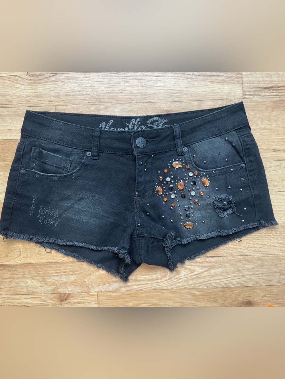 Embellished Black Denim Cutoff Low Rise Mini Shorts